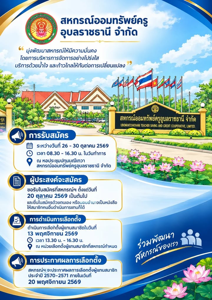 ประกาศสหกรณ์ออมทรัพย์ครูอุบลฯ เรื่อง การรับสมัครเข้ารับการเลือกตั้งเป็นผู้แทนสมาชิก ประจำปี 2570 - 2571